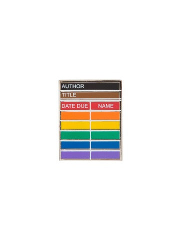 A rainbow-colored pin in the shape of a library card.