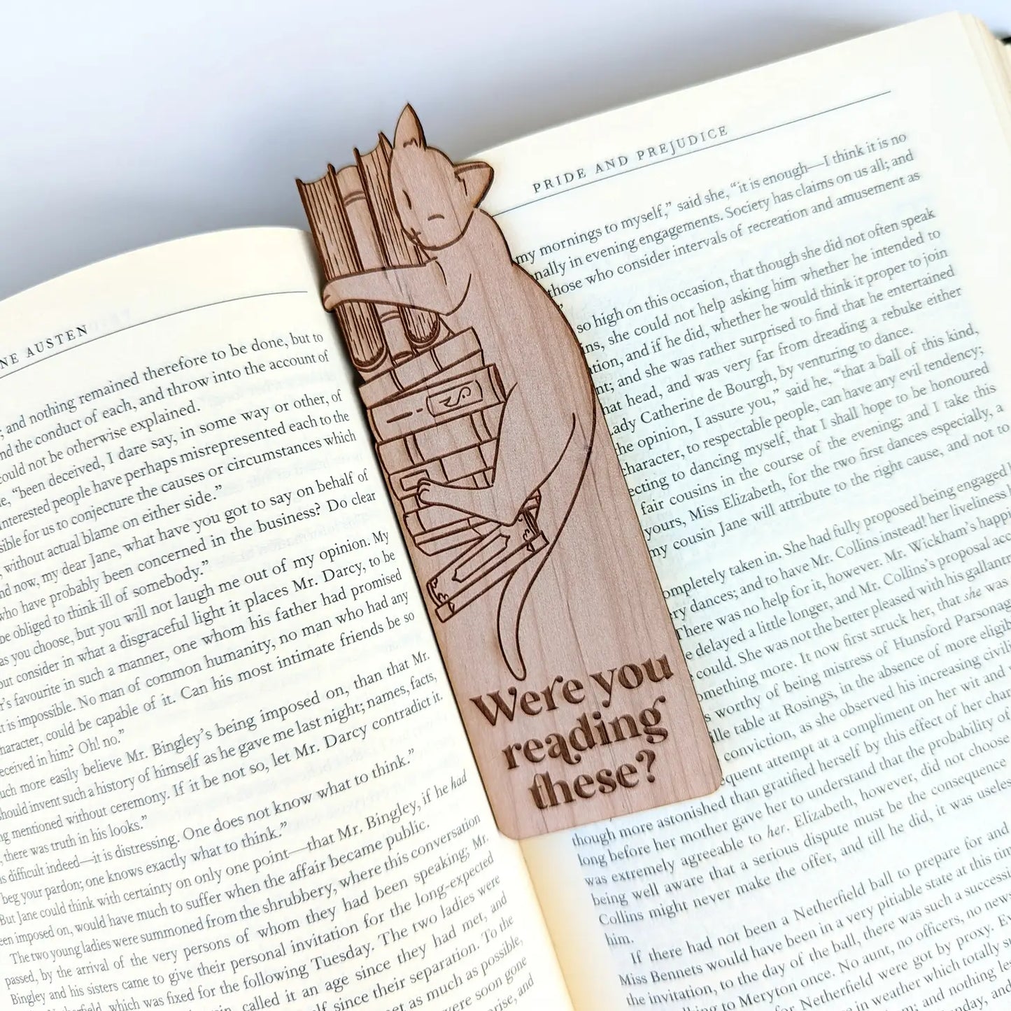 A wooden bookmark of a cat laying on a stack of books that says "were you reading these?"