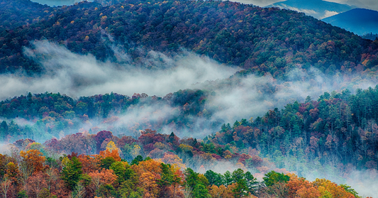 Horizontal shot of the Smoky Mountains in autumn.