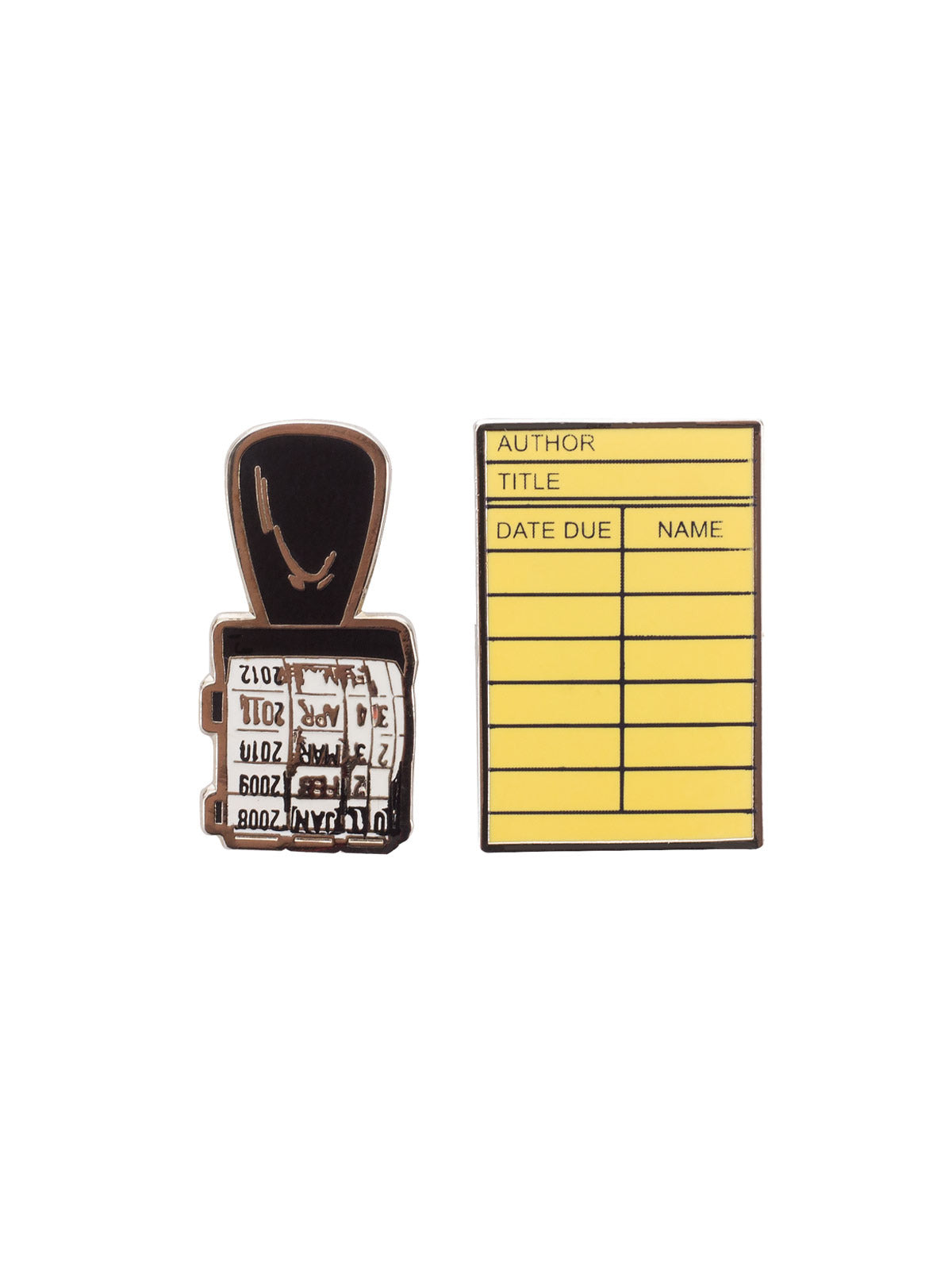 Two pins. One is shaped like a library stamp. The other is shaped like a library card.