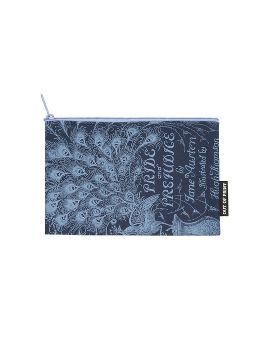 A blue canvas pouch with a peacock feather design and "Pride and Prejudice" by Jane Austen at the bottom.