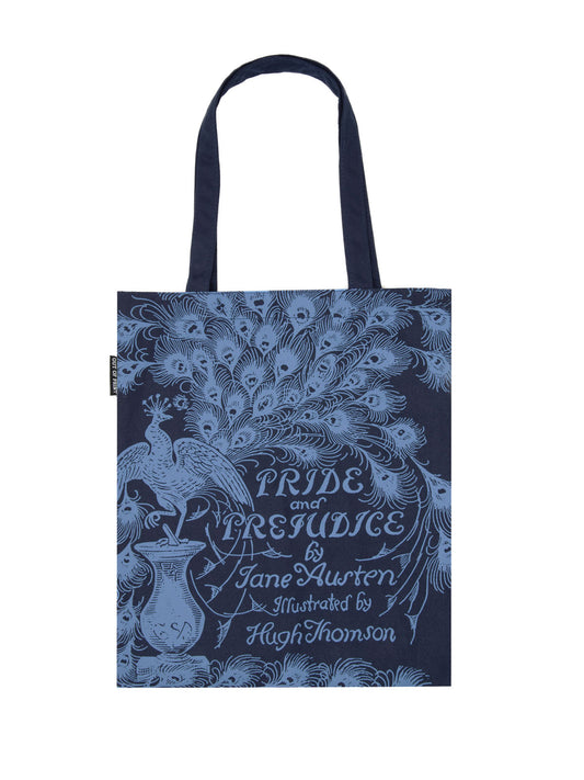 A blue canvas tote with a peacock feather design and "Pride and Prejudice" by Jane Austen at the bottom.