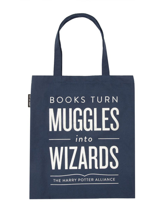 Blue tote bag that says "Books turn Muggles into wizards. The Harry Potter Alliance."