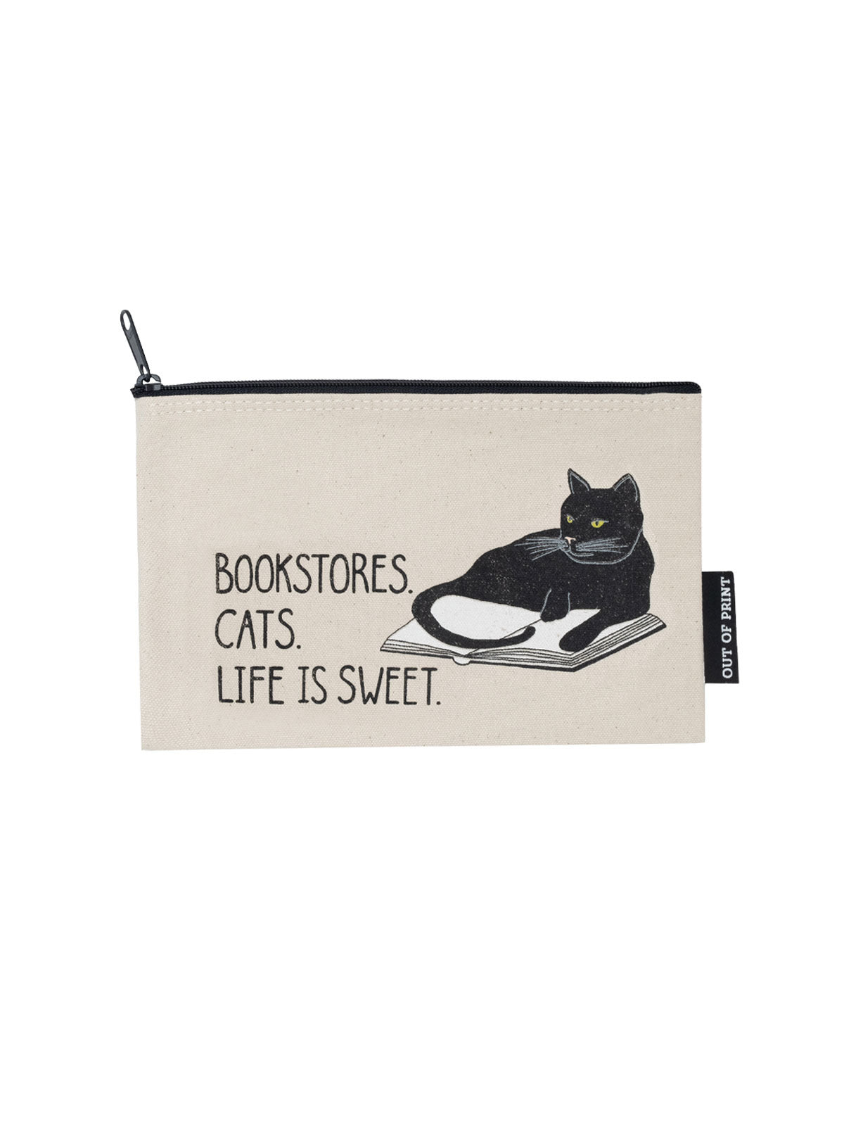 Canvas pouch depicting a cat laying on a book. The text on the pouch reads "Bookstores. Cats. Life is sweet."