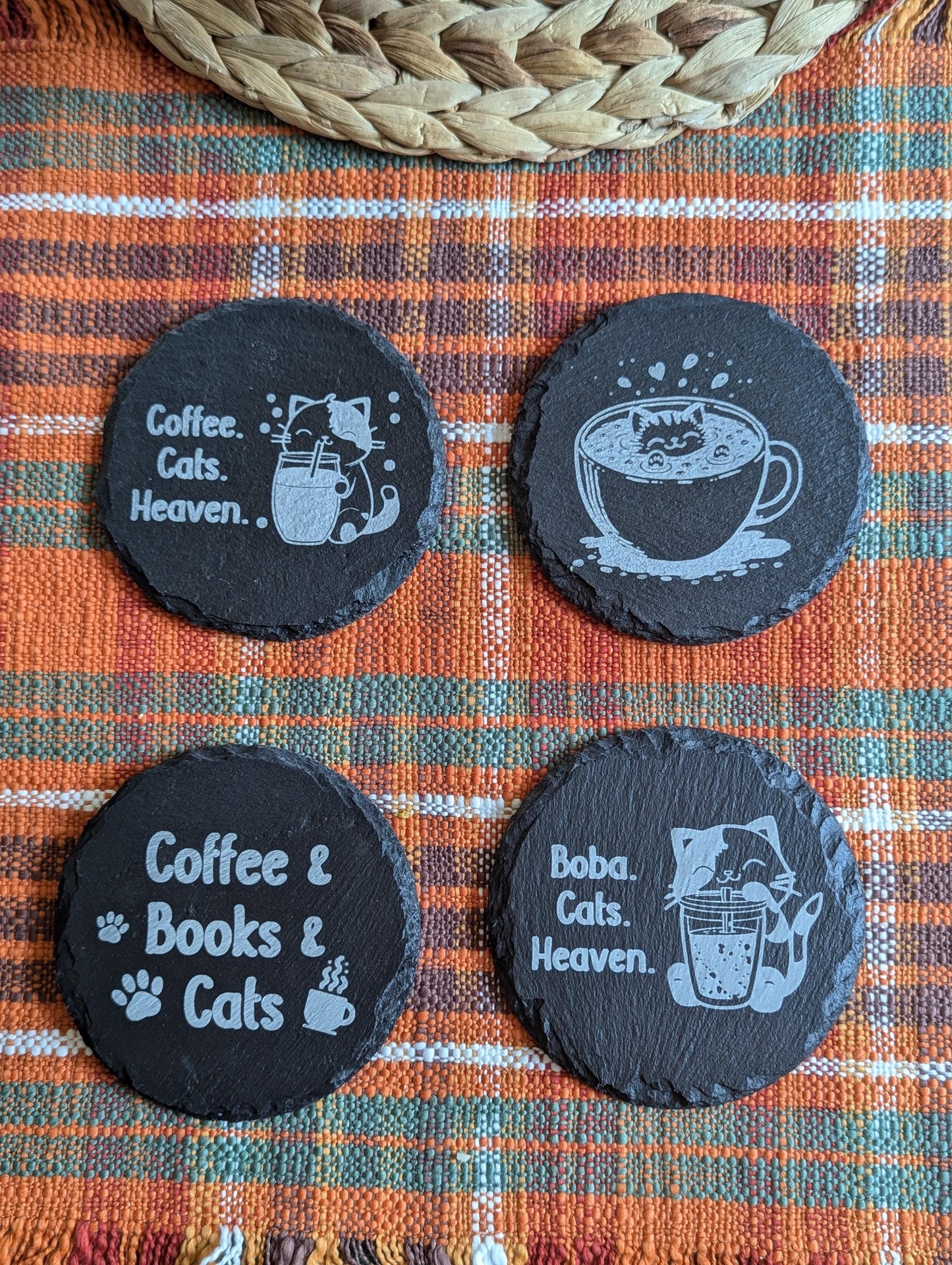 Set of four laser-engraved slate coasters featuring cats and coffee.