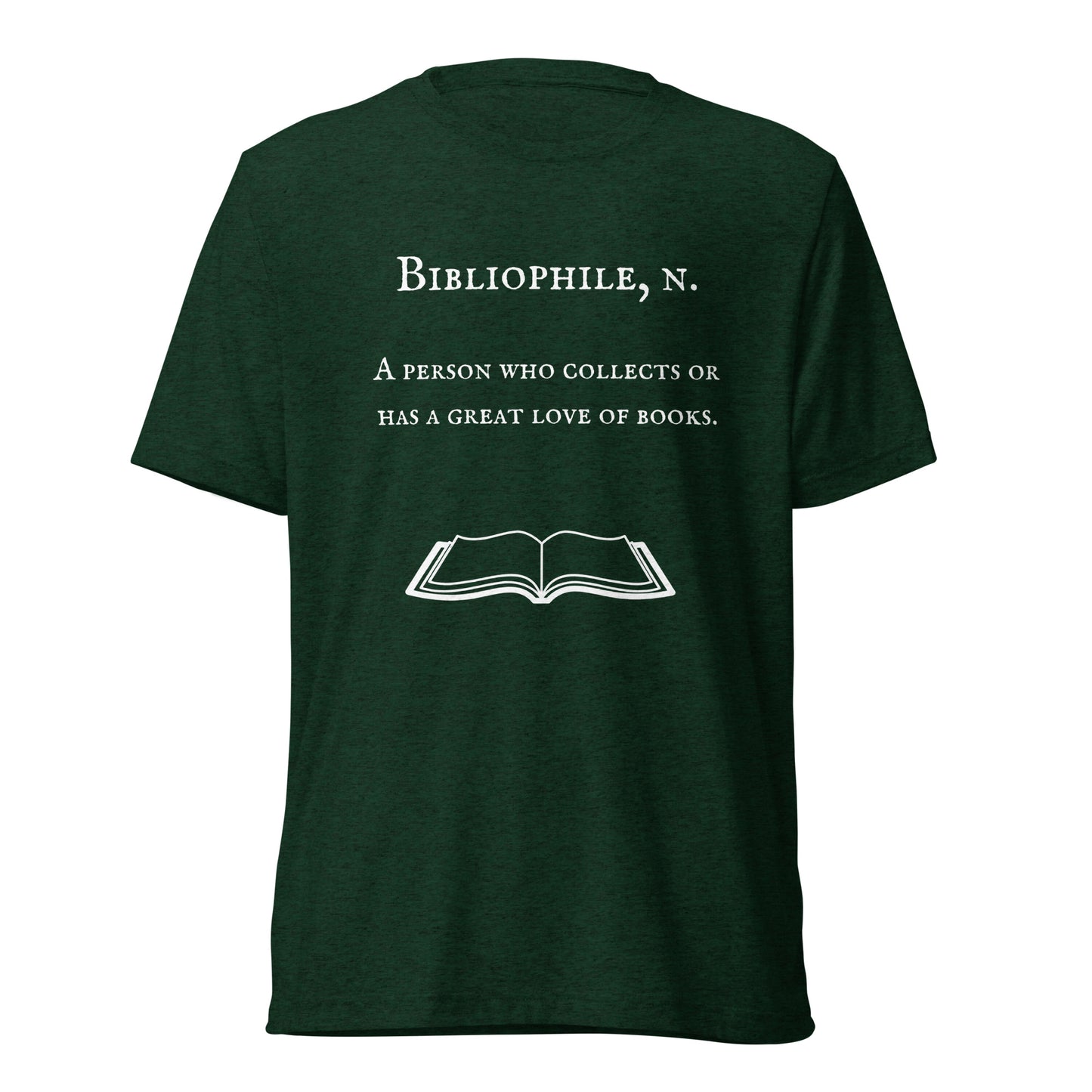 Emerald t-shirt with a bibliophile definition on it.