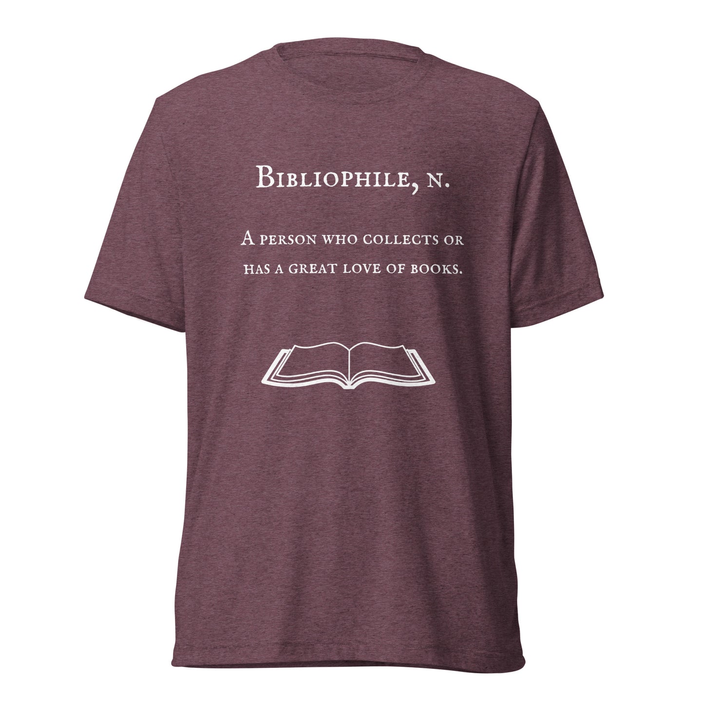 Maroon t-shirt with a bibliophile definition on it.