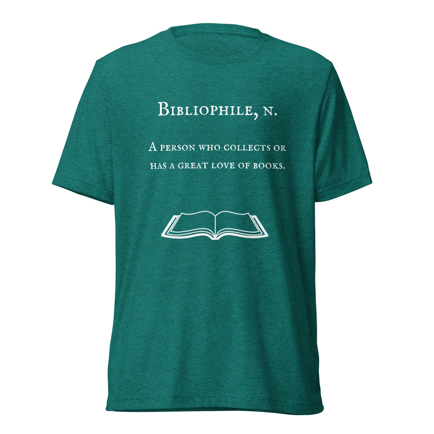 Teal t-shirt with a bibliophile definition on it.