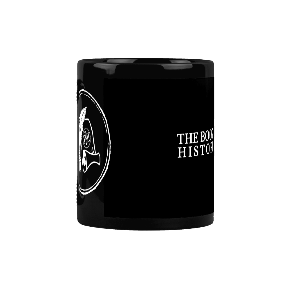 Black mug with white logos and designs on it.
