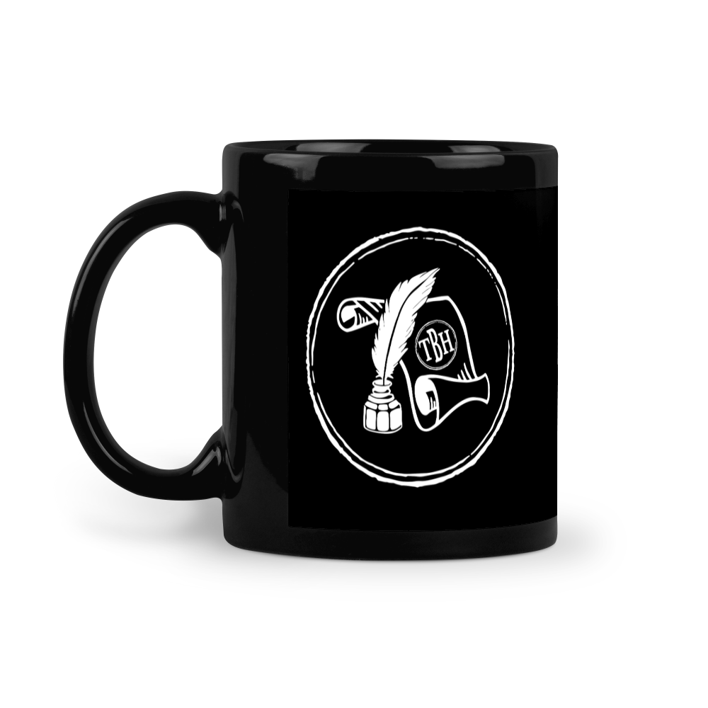 A black mug with a white "The Bookish Historian" logo on it.